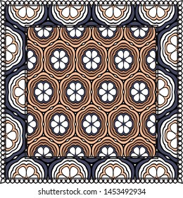 Decorative Colorful Ornament With Decorative Border. For Fashion Print, Bandanna, Tablecloth, Neck Scarf. 