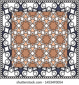 Decorative Colorful Ornament With Decorative Border. For Fashion Print, Bandanna, Tablecloth, Neck Scarf. 