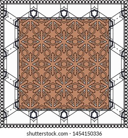 Decorative Colorful Ornament With Decorative Border. For Fashion Print, Bandanna, Tablecloth, Neck Scarf. 