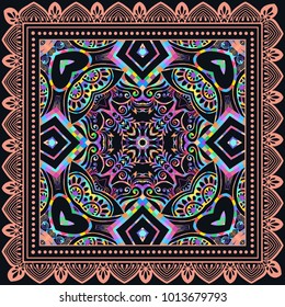 Decorative colorful ornament on a black background, symmetric pattern with doodle lace frame. Tribal ethnic mandala decor. Bandanna shawl, tablecloth fabric print, silk neck scarf, kerchief design