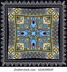 Decorative colorful ornament on a black background, hand drawn pattern with doodle lace frame. Tribal ethnic mandala decor. Bandana shawl, tablecloth fabric print, silk neck scarf, kerchief design