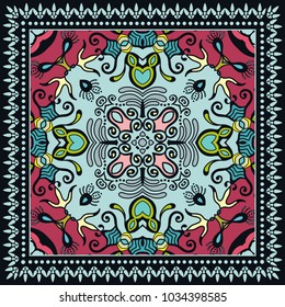 Decorative colorful ornament on a black background, hand drawn pattern with doodle lace frame. Tribal ethnic mandala decor. Bandana shawl, tablecloth fabric print, silk neck scarf, kerchief design