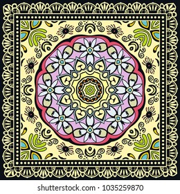 Decorative colorful ornament on a black background, hand drawn pattern with doodle lace frame. Tribal ethnic mandala decor. Bandana shawl, tablecloth fabric print, silk neck scarf, kerchief design