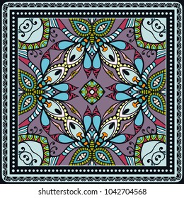 Decorative colorful ornament on a black background, hand drawn pattern with doodle lace frame. Tribal ethnic mandala decor. Bandana shawl, tablecloth fabric print, silk neck scarf, kerchief design