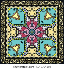 Decorative colorful ornament on a black background, hand drawn pattern with doodle lace frame. Tribal ethnic mandala decor. Bandana shawl, tablecloth fabric print, silk neck scarf, kerchief design