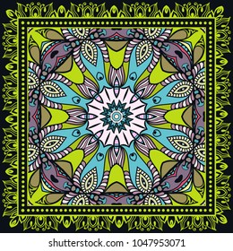 Decorative colorful ornament on a black background, hand drawn pattern with doodle lace frame. Tribal ethnic mandala decor. Bandana shawl, tablecloth fabric print, silk neck scarf, kerchief design