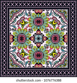 Decorative colorful ornament on black background, symmetric pattern with geometric frame border. Tribal ethnic mandala decor. Bandana shawl, tablecloth fabric print, silk neck scarf, kerchief design