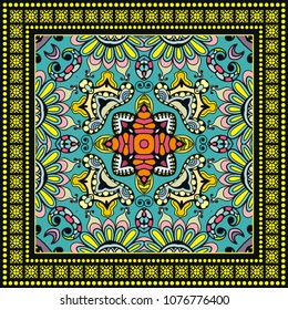 Decorative colorful ornament on black background, symmetric pattern with geometric frame border. Tribal ethnic mandala decor. Bandana shawl, tablecloth fabric print, silk neck scarf, kerchief design