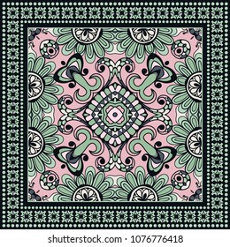 Decorative colorful ornament on black background, symmetric pattern with geometric frame border. Tribal ethnic mandala decor. Bandana shawl, tablecloth fabric print, silk neck scarf, kerchief design