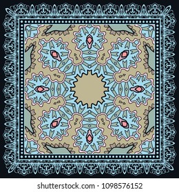 Decorative colorful ornament on black background, symmetric pattern with doodle lace frame. Tribal ethnic mandala decor. Bandana shawl, tablecloth fabric print, silk neck scarf, kerchief design