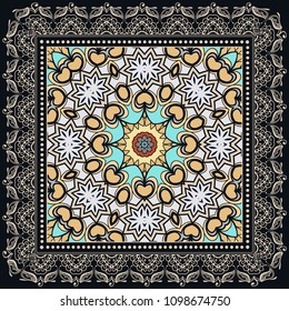 Decorative colorful ornament on black background, symmetric pattern with doodle lace frame. Tribal ethnic mandala decor. Bandana shawl, tablecloth fabric print, silk neck scarf, kerchief design