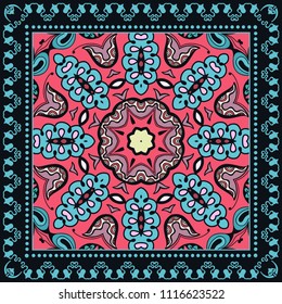 Decorative colorful ornament on black background, symmetric pattern with doodle lace frame. Tribal ethnic mandala decor. Bandana shawl, tablecloth fabric print, silk neck scarf, kerchief design