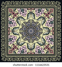 Decorative colorful ornament on black background, symmetric pattern with doodle lace frame. Tribal ethnic mandala decor. Bandana shawl, tablecloth fabric print, silk neck scarf, kerchief design