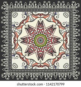 Decorative colorful ornament on black background, symmetric pattern with doodle lace frame. Tribal ethnic mandala decor. Bandana shawl, tablecloth fabric print, silk neck scarf, kerchief design