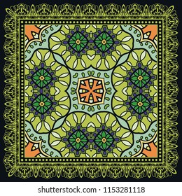 Decorative colorful ornament on black background, symmetric pattern with doodle lace frame. Tribal ethnic mandala decor. Bandana shawl, tablecloth fabric print, silk neck scarf, kerchief design