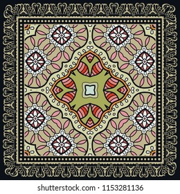 Decorative colorful ornament on black background, symmetric pattern with doodle lace frame. Tribal ethnic mandala decor. Bandana shawl, tablecloth fabric print, silk neck scarf, kerchief design