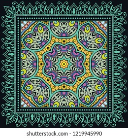 Decorative colorful ornament on a black background, hand drawn pattern with doodle lace frame. Tribal ethnic mandala decor. Bandana shawl, tablecloth fabric print, silk neck scarf, kerchief design