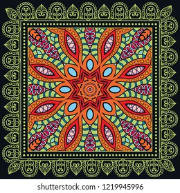 Decorative colorful ornament on a black background, hand drawn pattern with doodle lace frame. Tribal ethnic mandala decor. Bandana shawl, tablecloth fabric print, silk neck scarf, kerchief design
