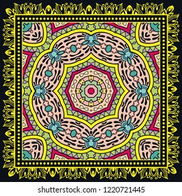 Decorative colorful ornament on a black background, hand drawn pattern with doodle lace frame. Tribal ethnic mandala decor. Bandana shawl, tablecloth fabric print, silk neck scarf, kerchief design