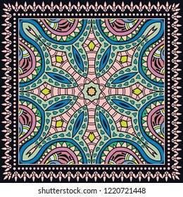 Decorative colorful ornament on a black background, hand drawn pattern with doodle lace frame. Tribal ethnic mandala decor. Bandana shawl, tablecloth fabric print, silk neck scarf, kerchief design