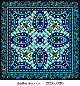 Decorative colorful ornament on a black background, hand drawn pattern with doodle lace frame. Tribal ethnic mandala decor. Bandana shawl, tablecloth fabric print, silk neck scarf, kerchief design