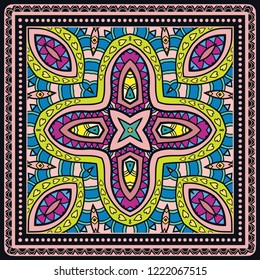 Decorative colorful ornament on a black background, hand drawn pattern with doodle lace frame. Tribal ethnic mandala decor. Bandana shawl, tablecloth fabric print, silk neck scarf, kerchief design