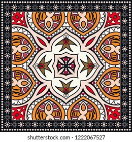 Decorative colorful ornament on a black background, hand drawn pattern with doodle lace frame. Tribal ethnic mandala decor. Bandana shawl, tablecloth fabric print, silk neck scarf, kerchief design