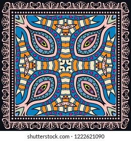 Decorative colorful ornament on a black background, hand drawn pattern with doodle lace frame. Tribal ethnic mandala decor. Bandana shawl, tablecloth fabric print, silk neck scarf, kerchief design