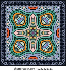 Decorative colorful ornament on a black background, hand drawn pattern with doodle lace frame. Tribal ethnic mandala decor. Bandana shawl, tablecloth fabric print, silk neck scarf, kerchief design