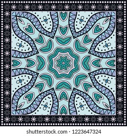 Decorative colorful ornament on a black background, hand drawn pattern with doodle lace frame. Tribal ethnic mandala decor. Bandana shawl, tablecloth fabric print, silk neck scarf, kerchief design