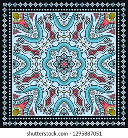 Decorative colorful ornament on black background, symmetric pattern with doodle lace frame. Tribal ethnic mandala decor. Bandana shawl, tablecloth fabric print, silk neck scarf, kerchief design