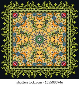 Decorative colorful ornament on black background, symmetric pattern with doodle lace frame. Tribal ethnic mandala decor. Bandana shawl, tablecloth fabric print, silk neck scarf, kerchief design