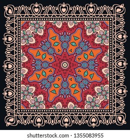 Decorative colorful ornament on black background, symmetric pattern with doodle lace frame. Tribal ethnic mandala decor. Bandana shawl, tablecloth fabric print, silk neck scarf, kerchief design