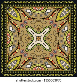 Decorative colorful ornament on black background, symmetric pattern with doodle lace frame. Tribal ethnic mandala decor. Bandana shawl, tablecloth fabric print, silk neck scarf, kerchief design