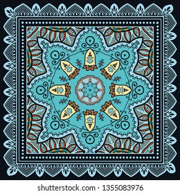 Decorative colorful ornament on black background, symmetric pattern with doodle lace frame. Tribal ethnic mandala decor. Bandana shawl, tablecloth fabric print, silk neck scarf, kerchief design