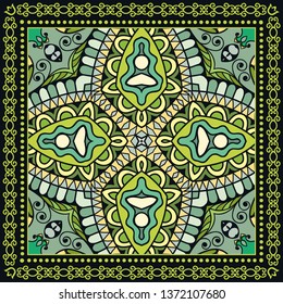 Decorative colorful ornament on black background, symmetric pattern with doodle lace frame. Tribal ethnic mandala decor. Bandana shawl, tablecloth fabric print, silk neck scarf, kerchief design