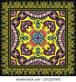Decorative colorful ornament on black background, symmetric pattern with doodle lace frame. Tribal ethnic mandala decor. Bandana shawl, tablecloth fabric print, silk neck scarf, kerchief design