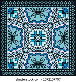Decorative colorful ornament on black background, symmetric pattern with doodle lace frame. Tribal ethnic mandala decor. Bandana shawl, tablecloth fabric print, silk neck scarf, kerchief design