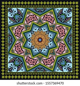 Decorative colorful ornament on black background, symmetric pattern with doodle lace frame. Tribal ethnic mandala decor. Bandana shawl, hijab, tablecloth fabric print, silk neck scarf, kerchief design