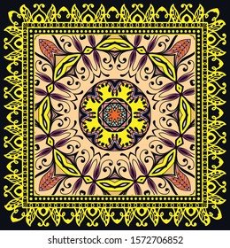 Decorative colorful ornament on black background, symmetric pattern with doodle lace frame. Tribal ethnic mandala decor. Bandana shawl, hijab, tablecloth fabric print, silk neck scarf, kerchief design