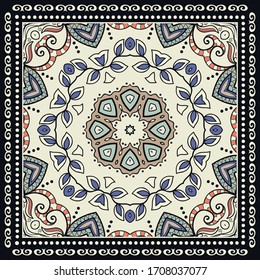 Decorative colorful ornament on black background, symmetric pattern with doodle lace frame. Tribal ethnic mandala decor. Bandana shawl, hijab, tablecloth fabric print, silk neck scarf, kerchief design