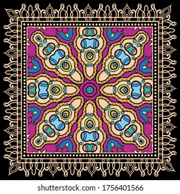 Decorative colorful ornament on black background, symmetric pattern with doodle lace frame. Tribal ethnic mandala decor. Bandana shawl, hijab, tablecloth fabric print, silk neck scarf, kerchief design