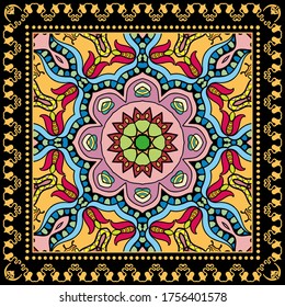 Decorative colorful ornament on black background, symmetric pattern with doodle lace frame. Tribal ethnic mandala decor. Bandana shawl, hijab, tablecloth fabric print, silk neck scarf, kerchief design