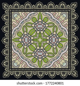 Decorative colorful ornament on black background, symmetric pattern with doodle lace frame. Tribal ethnic mandala decor. Bandana shawl, hijab, tablecloth fabric print, silk neck scarf, kerchief design