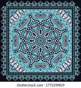 Decorative colorful ornament on black background, symmetric pattern with doodle lace frame. Tribal ethnic mandala decor. Bandana shawl, hijab, tablecloth fabric print, silk neck scarf, kerchief design