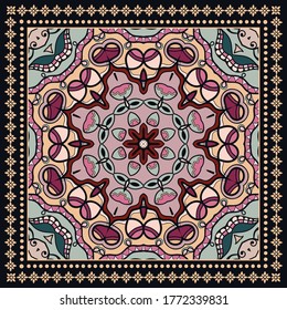 Decorative colorful ornament on black background, symmetric pattern with doodle lace frame. Tribal ethnic mandala decor. Bandana shawl, hijab, tablecloth fabric print, silk neck scarf, kerchief design