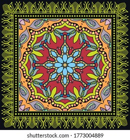 Decorative colorful ornament on black background, symmetric pattern with doodle lace frame. Tribal ethnic mandala decor. Bandana shawl, hijab, tablecloth fabric print, silk neck scarf, kerchief design