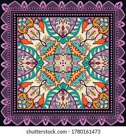 Decorative colorful ornament on black background, symmetric pattern with doodle lace frame. Tribal ethnic mandala decor. Bandana shawl, hijab, tablecloth fabric print, silk neck scarf, kerchief design