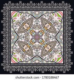 Decorative colorful ornament on black background, symmetric pattern with doodle lace frame. Tribal ethnic mandala decor. Bandana shawl, hijab, tablecloth fabric print, silk neck scarf, kerchief design