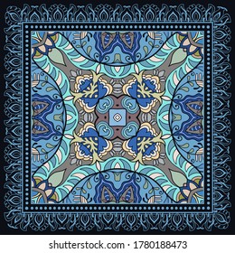 Decorative colorful ornament on black background, symmetric pattern with doodle lace frame. Tribal ethnic mandala decor. Bandana shawl, hijab, tablecloth fabric print, silk neck scarf, kerchief design
